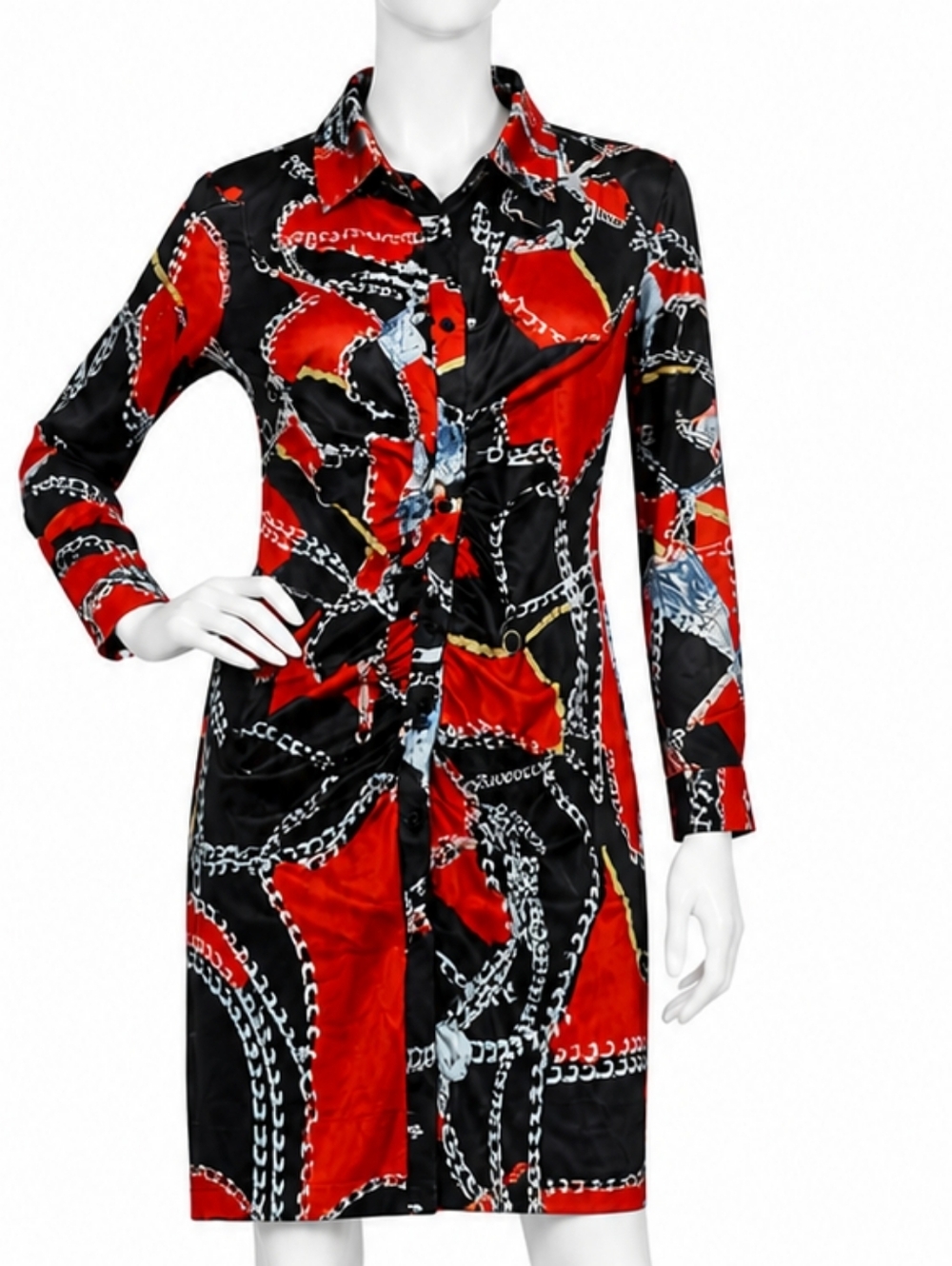 Bold Red & Black Chain Print Button-Up Dress Size XLARGE